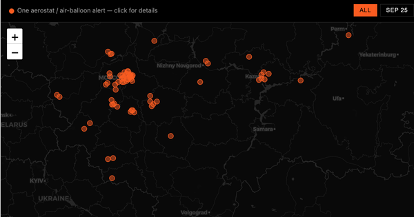 Interactive map of 77 Ukrainian aerostat alerts over Russia, Sep 2025 – May 2026